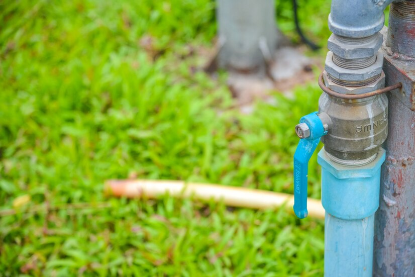 Outdoor water tap connected to a blue pipe, with a blurred green lawn background